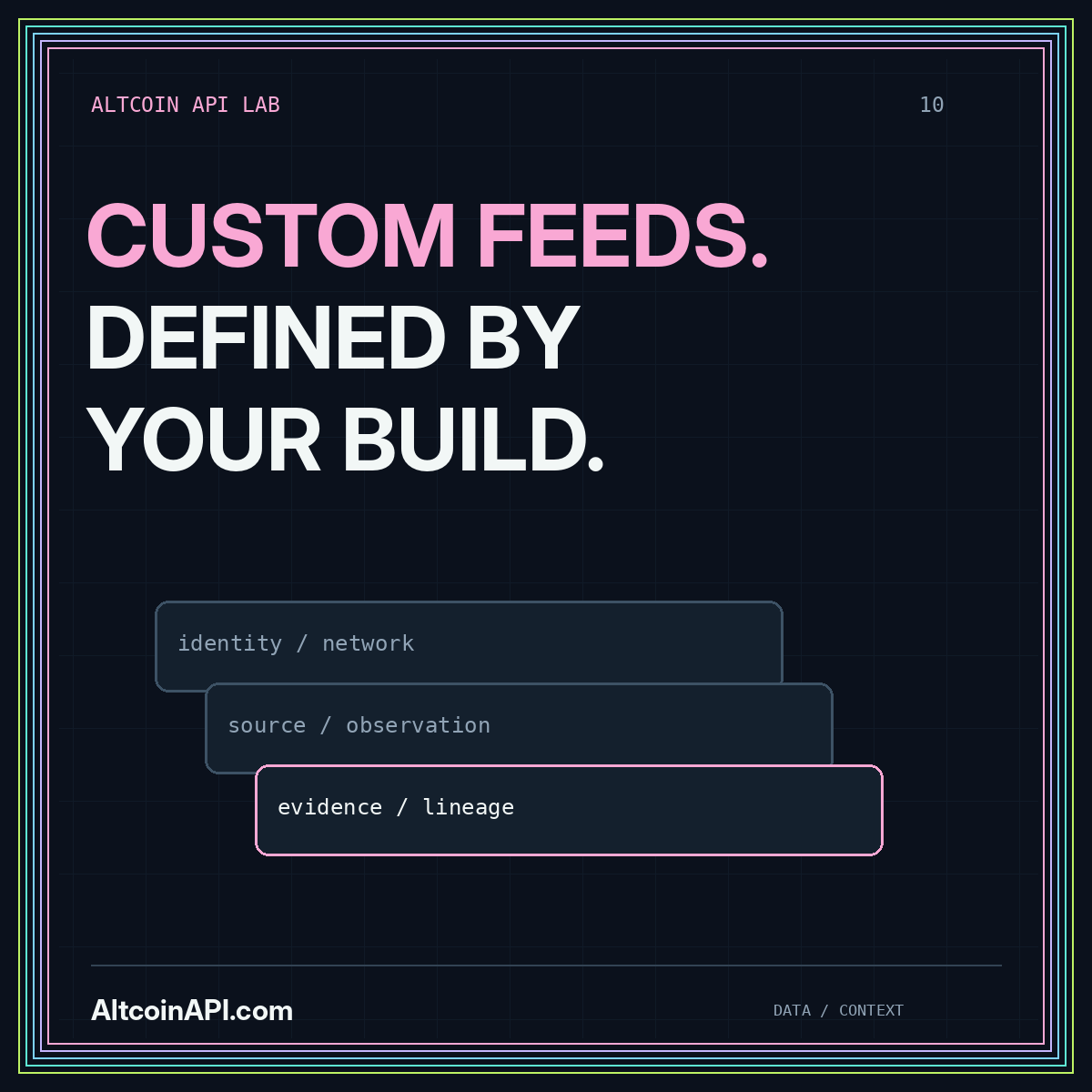 CUSTOM FEEDS. DEFINED BY YOUR BUILD. — AltcoinAPI.com editorial graphic